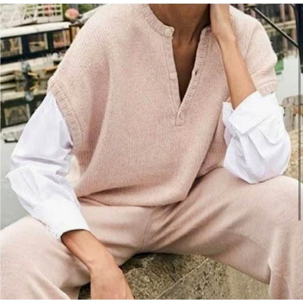 Naadam Cotton/Cashmere Blend Blush Mixed Media Henley Knit Sweater